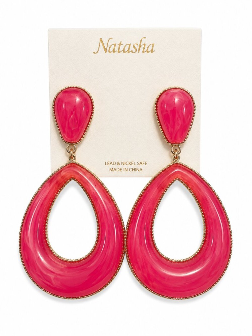 Natasha Couture Hot Pink Open Teardrop Earrings with Gold Trim - NWT